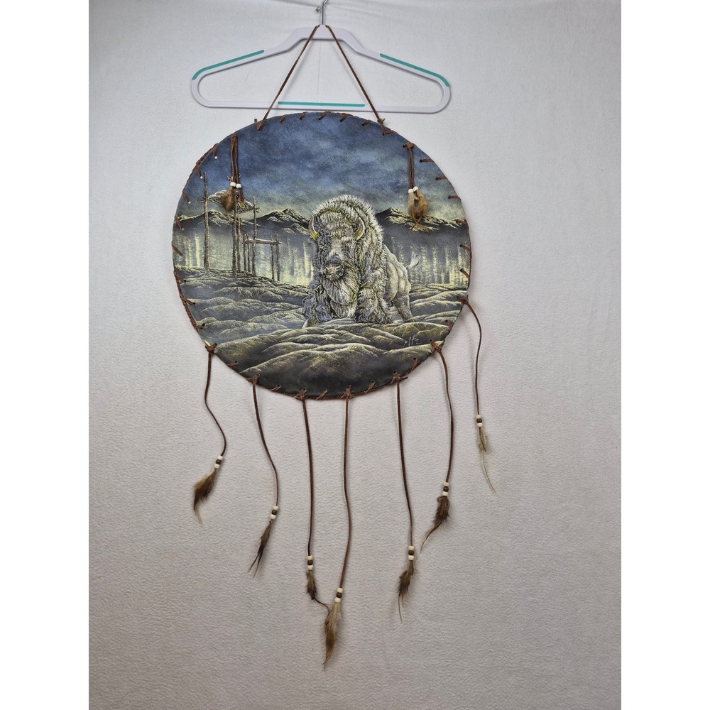 Signed‎ Hand Painted Buffalo Spirit Leather Wall Hanging Rawhide Western Rustic